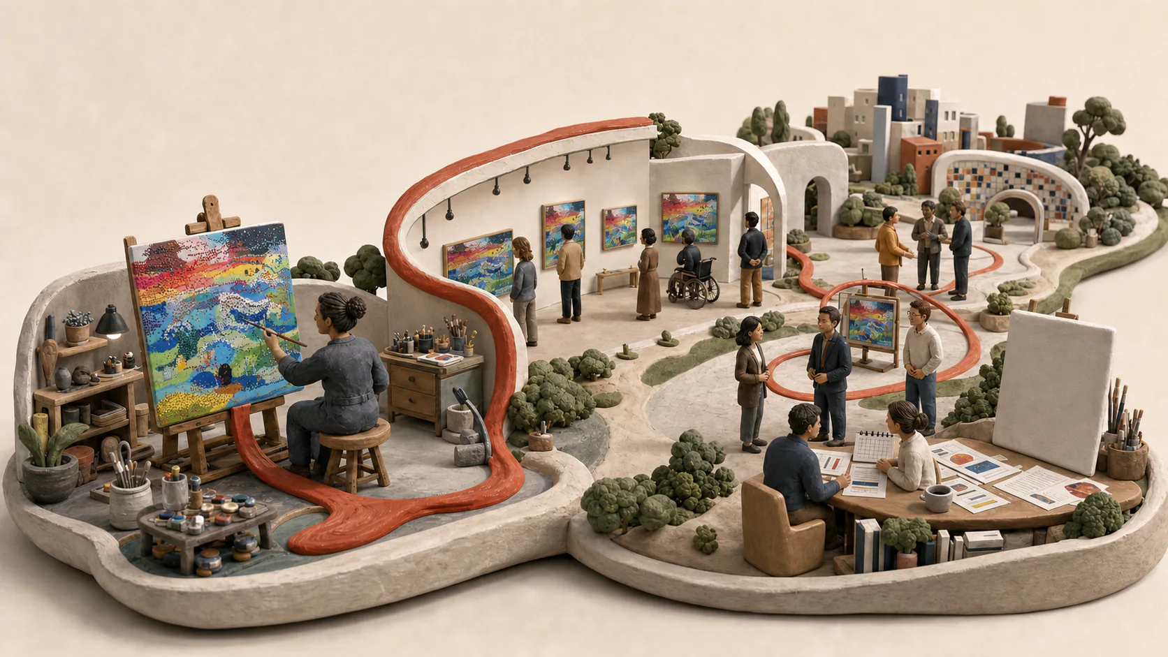 A connected handmade clay world linking an artist studio, gallery, community and planning table.