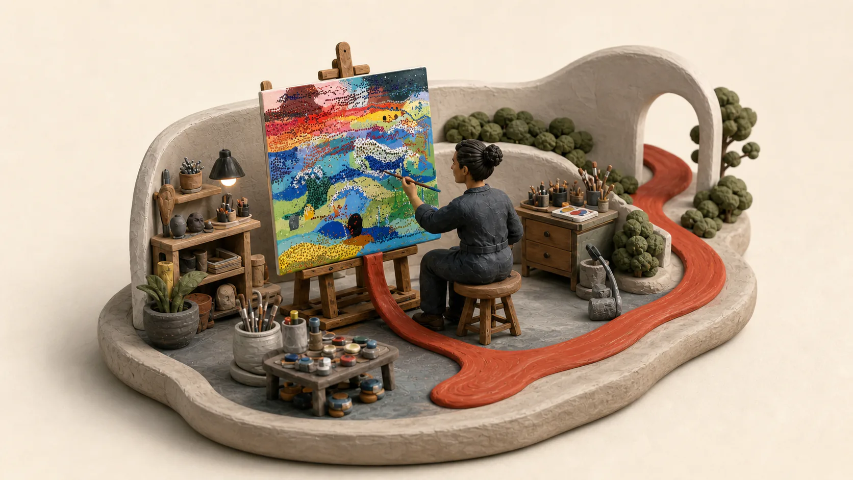 A clay artist seated at an easel, making a colorful Larusa artwork in a quiet studio.