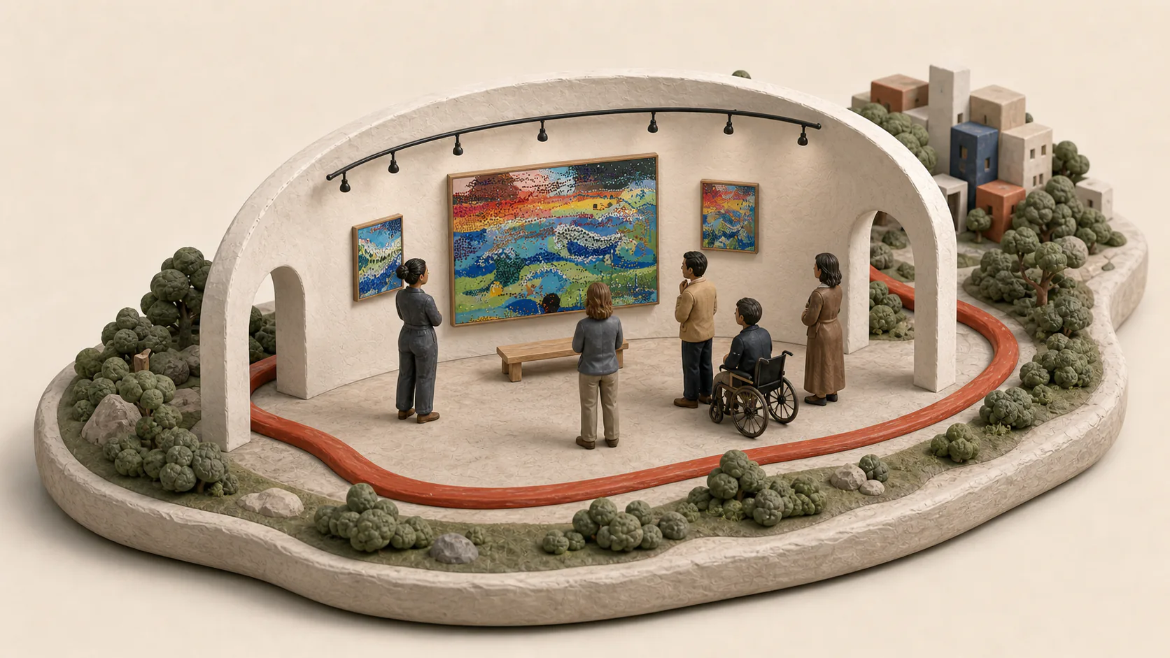 Adults viewing a Larusa artwork in an accessible curved clay gallery.