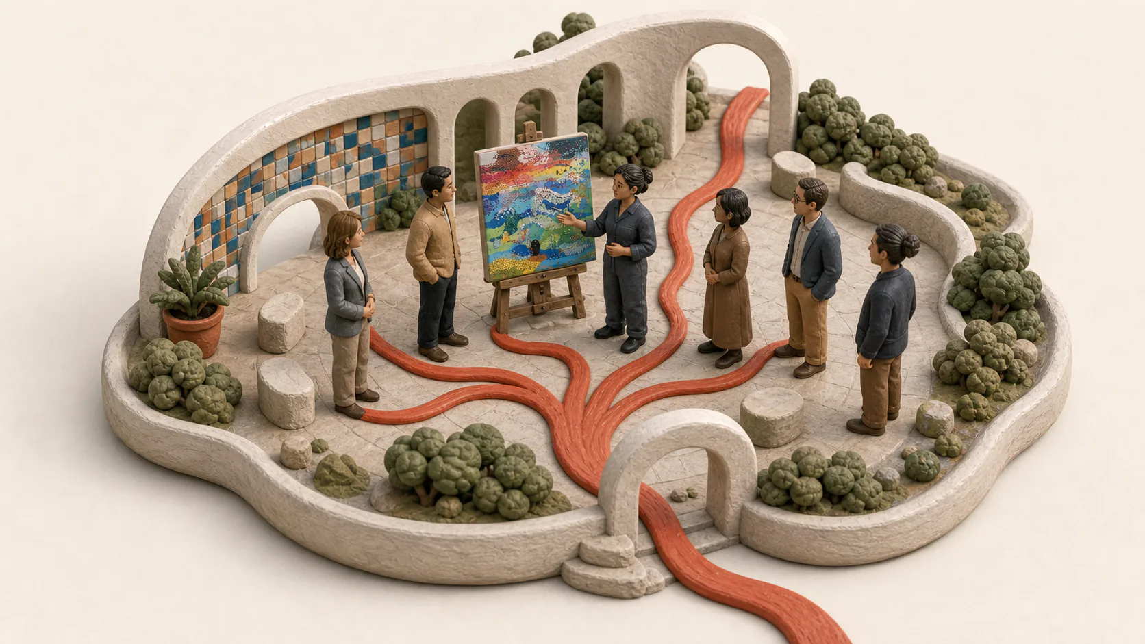 An artist and five adult collaborators gathered around artwork in a clay courtyard connected by coral paths.
