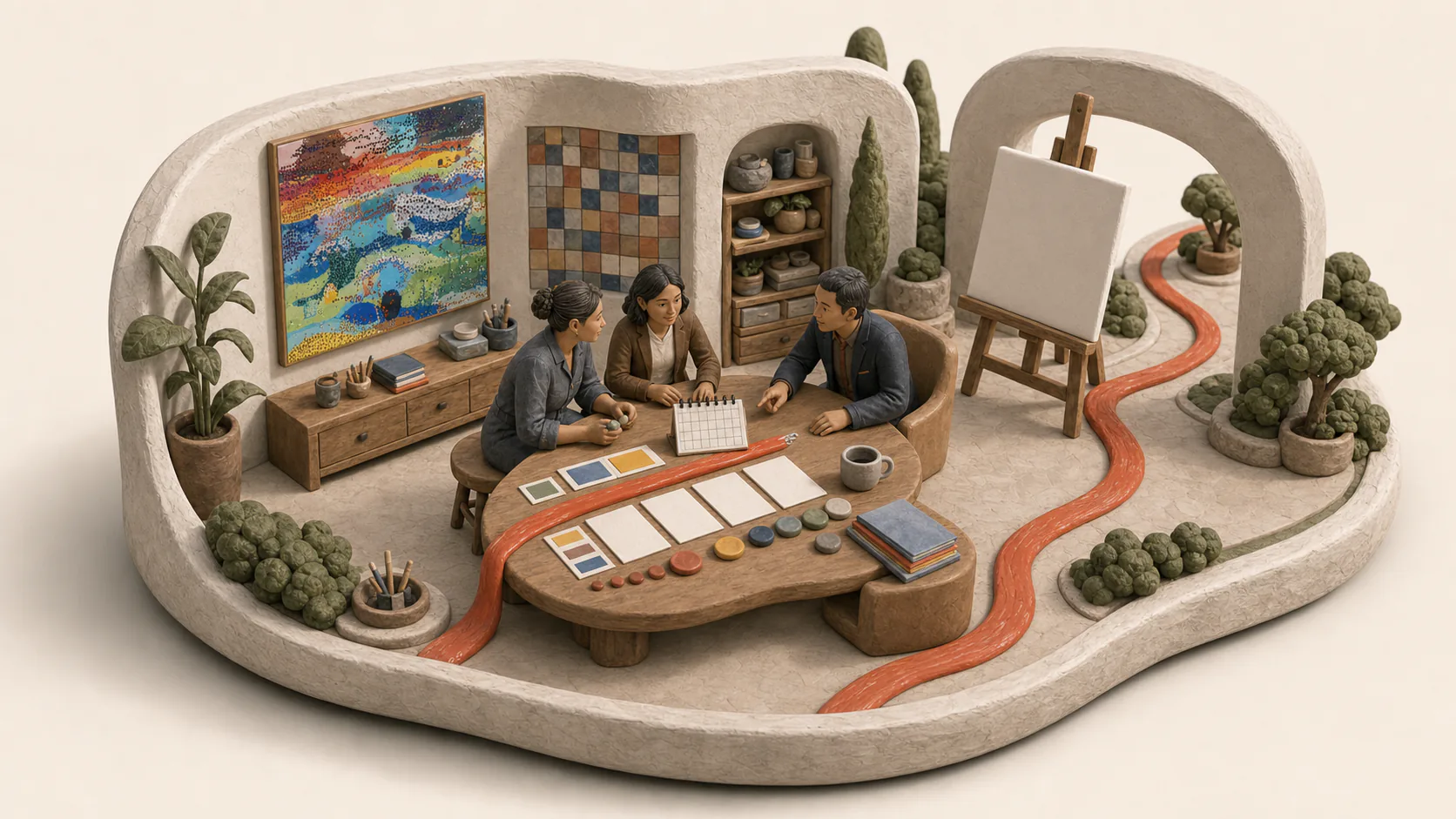 An artist, supporter and advisor arranging blank planning cards around a clay table.