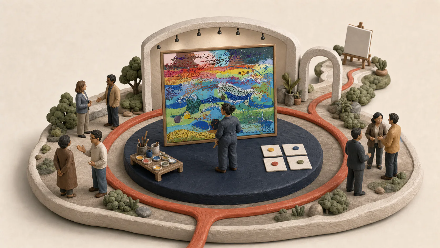 An artist and artwork at the center of a complete coral circle leading to a new blank canvas.